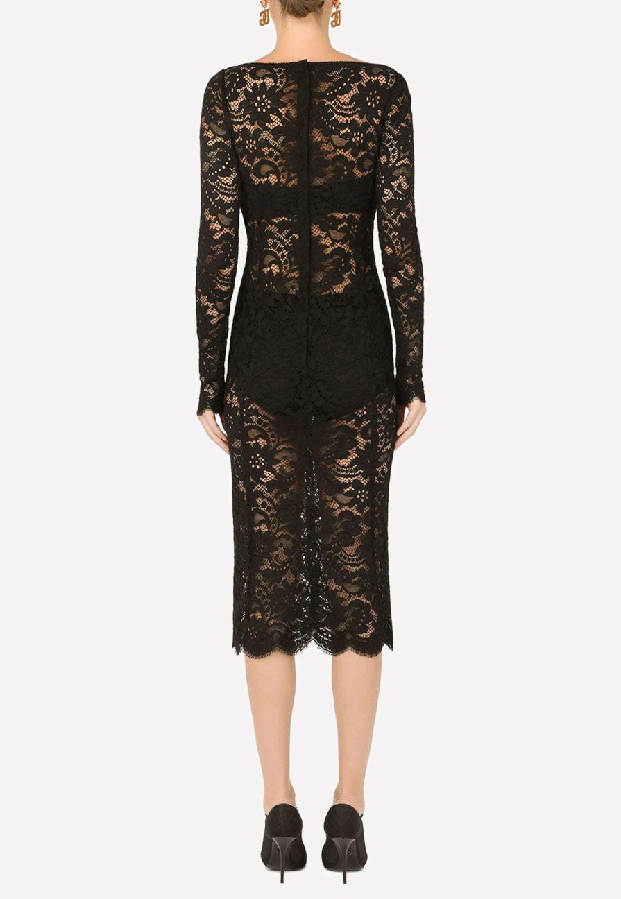 Evening * | Dolce & Gabbana Lace Scalloped Detailing Midi Dress Black