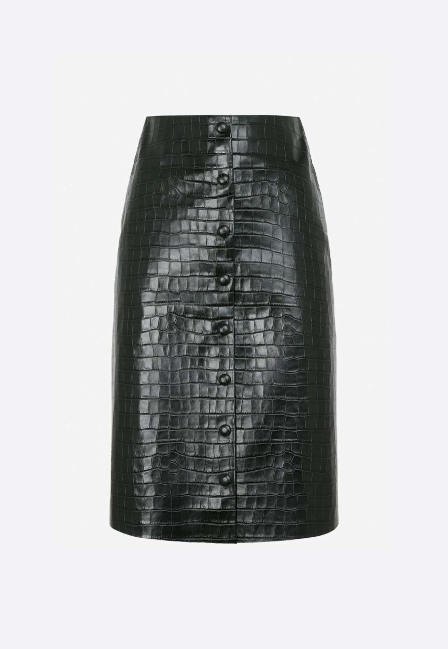 Skirts * | Chloe A-Line Skirt In Croc-Embossed Leather Olive