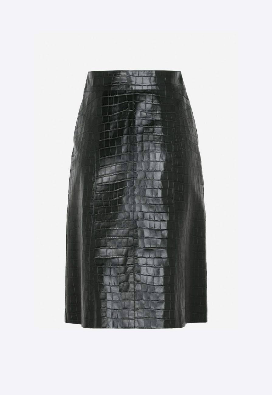 Skirts * | Chloe A-Line Skirt In Croc-Embossed Leather Olive