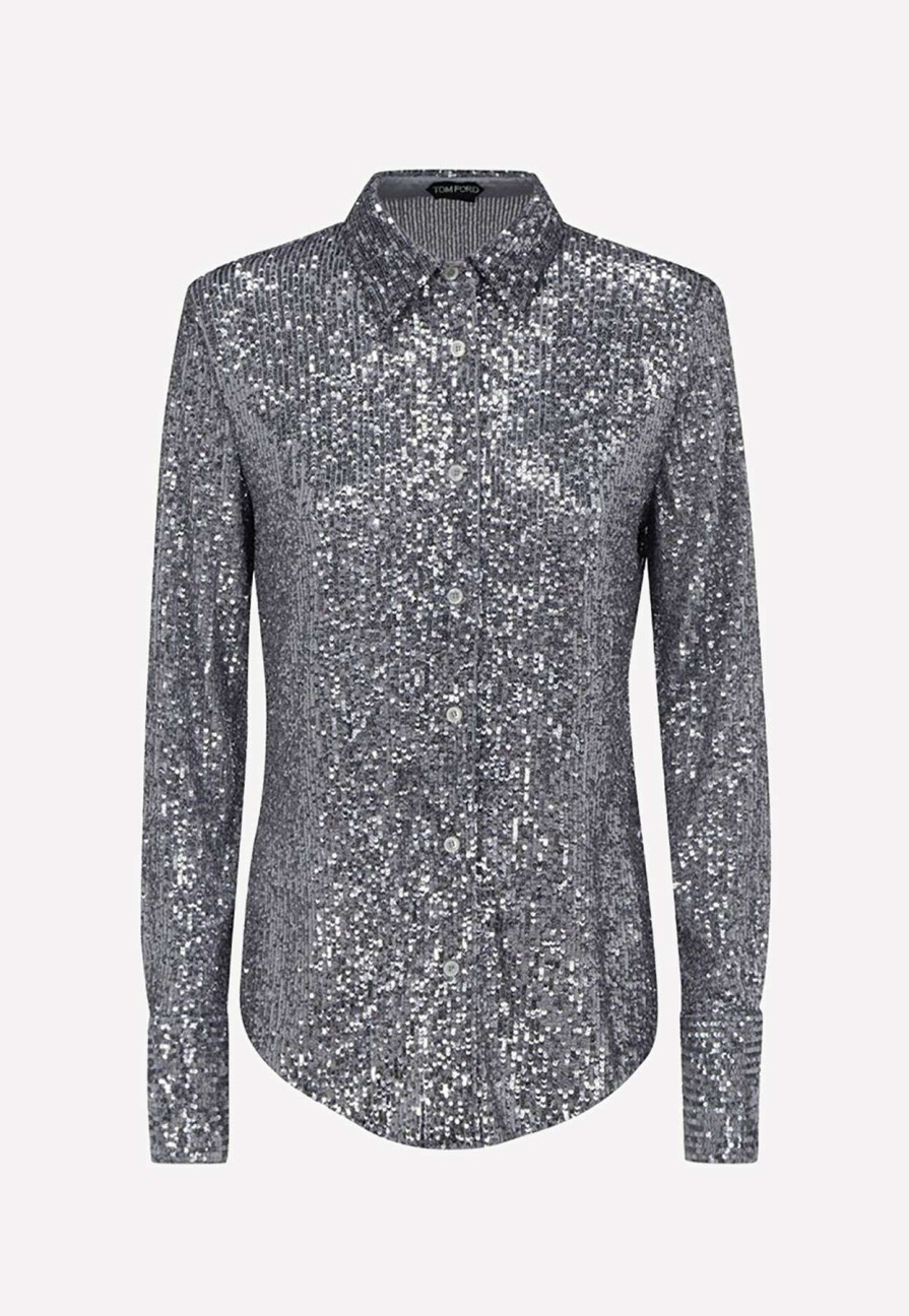 Evening * | Tom Ford Sequined Long-Sleeved Shirt Silver