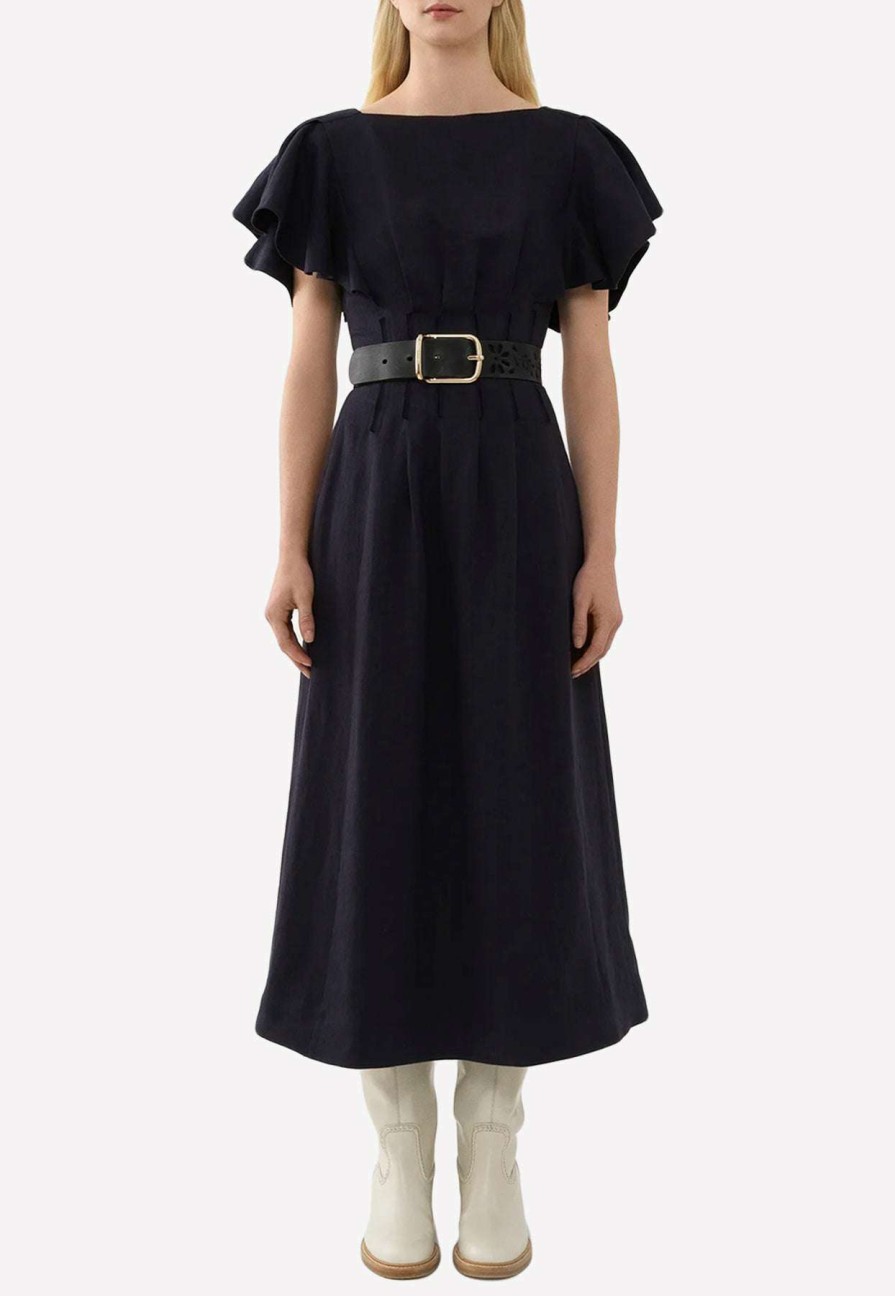 Dresses * | Chloe Wing-Sleeved Midi Dress Navy