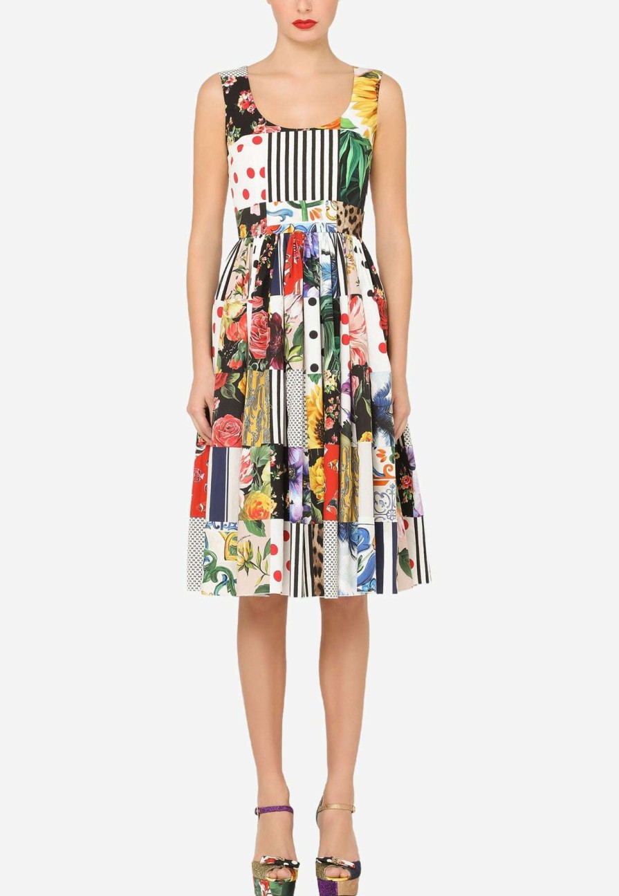 Dresses * | Dolce & Gabbana Square-Neck Patchwork Cotton Dress Multicolor