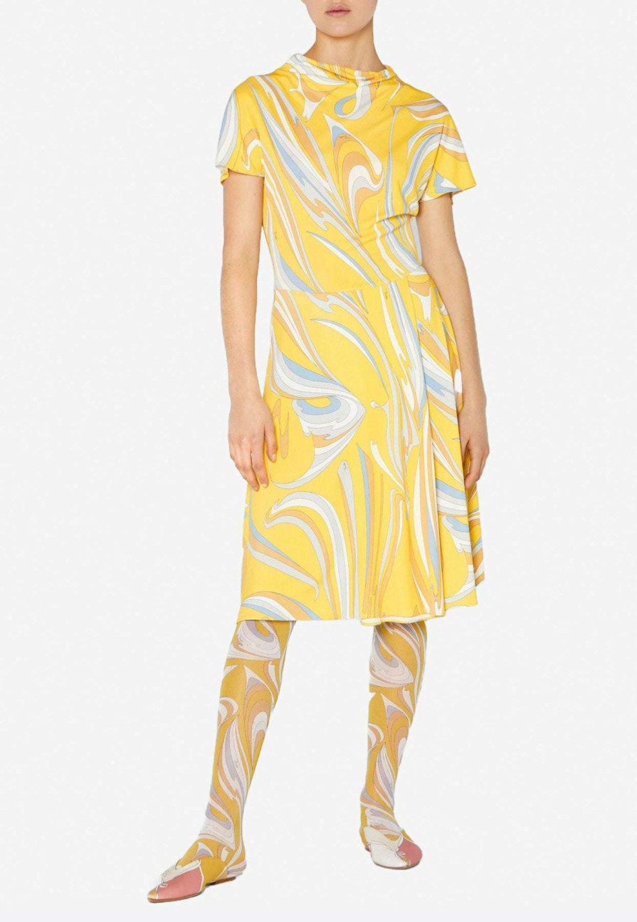 Dresses * | Emilio Pucci Vortici Print Satin Dress Yellow