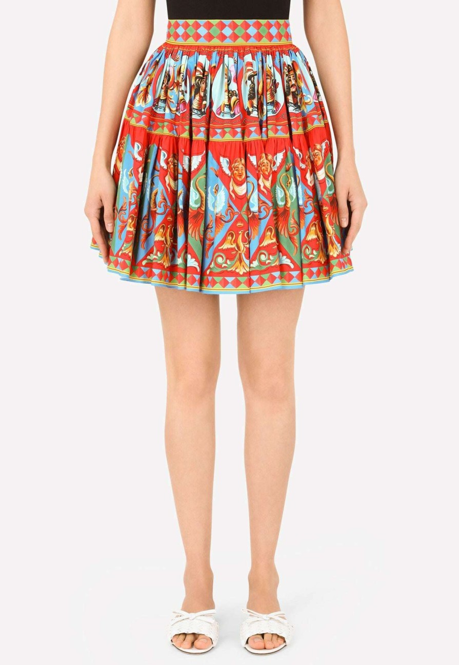 Skirts * | Dolce & Gabbana Carretto Print Pleated Cotton A-Line Mini Skirt Multicolor