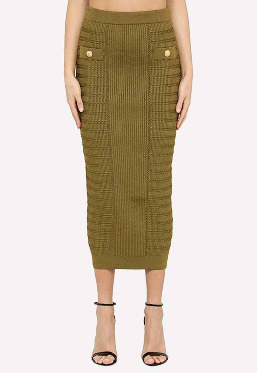 Skirts * | Balmain Knitted Midi Skirt Green