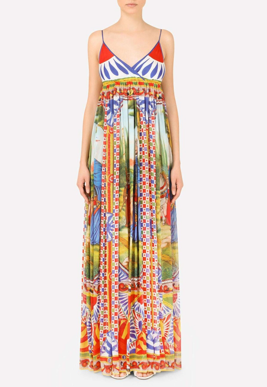 Evening * | Dolce & Gabbana V-Neck Carretto Print Chiffon Maxi Dress Multicolor