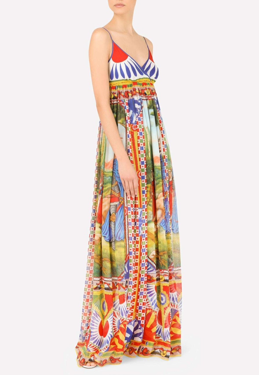 Evening * | Dolce & Gabbana V-Neck Carretto Print Chiffon Maxi Dress Multicolor