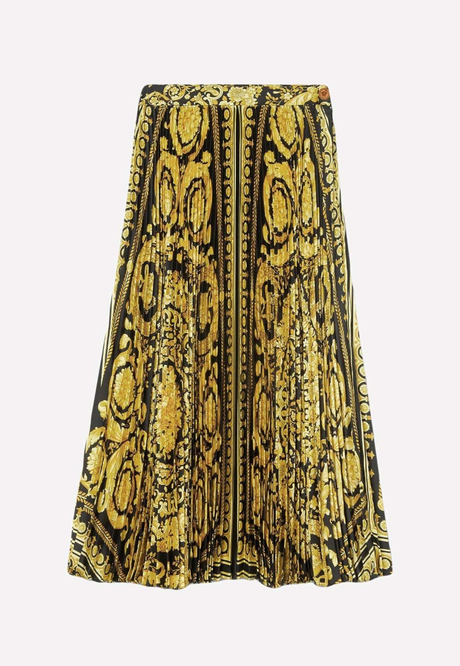 Skirts * | Versace Barocco Print Pleated Midi Skirt Yellow