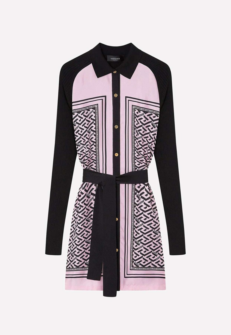 Dresses * | Versace Greca Paneled Cardigan Shirt Dress Pink