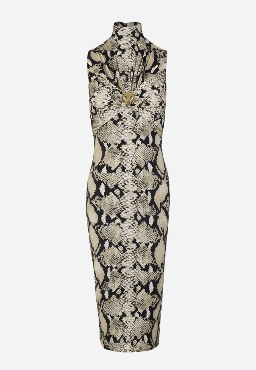 Evening * | Roberto Cavalli Panther Head Snakeskin Midi Dress Multicolor