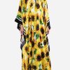 Dresses * | Dolce & Gabbana Sunflower Print Kaftan Maxi Dress In Silk Yellow