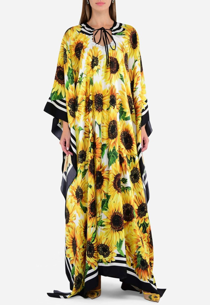 Dresses * | Dolce & Gabbana Sunflower Print Kaftan Maxi Dress In Silk Yellow