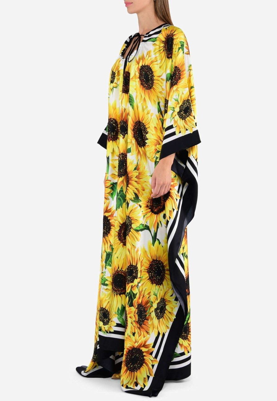 Dresses * | Dolce & Gabbana Sunflower Print Kaftan Maxi Dress In Silk Yellow