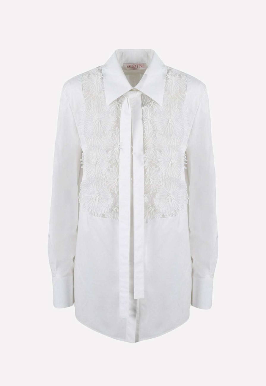 Evening * | Valentino Flower Applique Poplin Shirt Optic White