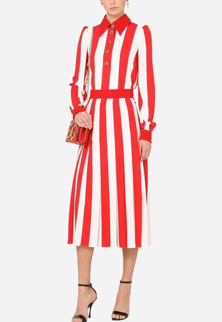 Skirts * | Dolce & Gabbana Pleated Stripe Cady Midi Skirt Red