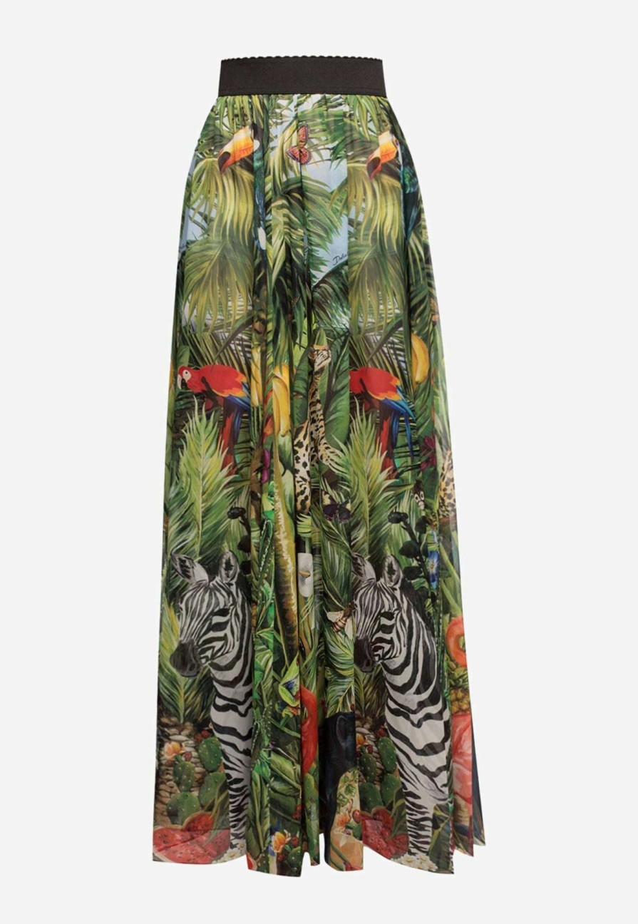 Skirts * | Dolce & Gabbana Jungle Print Pleated Georgette Maxi Skirt Multicolor