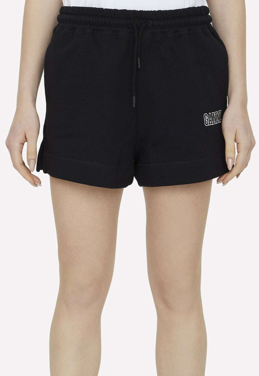 Shorts * | Ganni Logo-Embroidered Drawstring Shorts Black