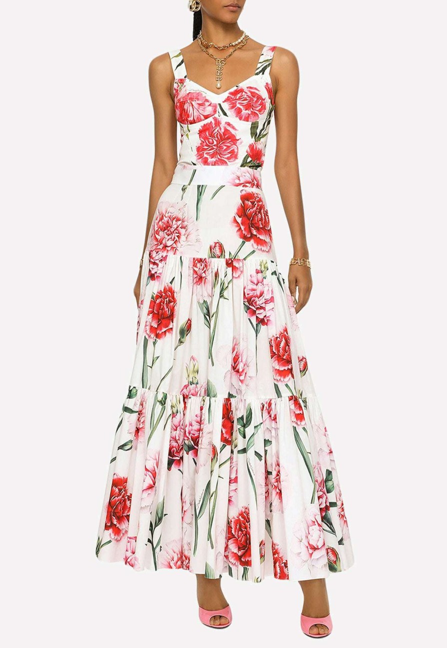 Skirts * | Dolce & Gabbana High-Waist Carnation Print Maxi Skirt Multicolor