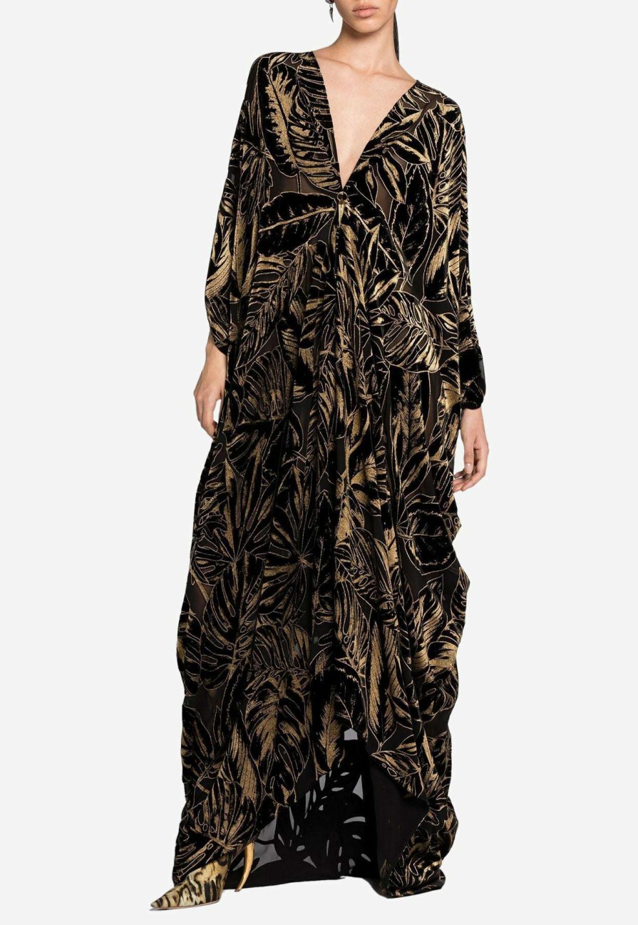 Evening * | Roberto Cavalli Leaf Velvet Jacquard Kaftan Dress Black