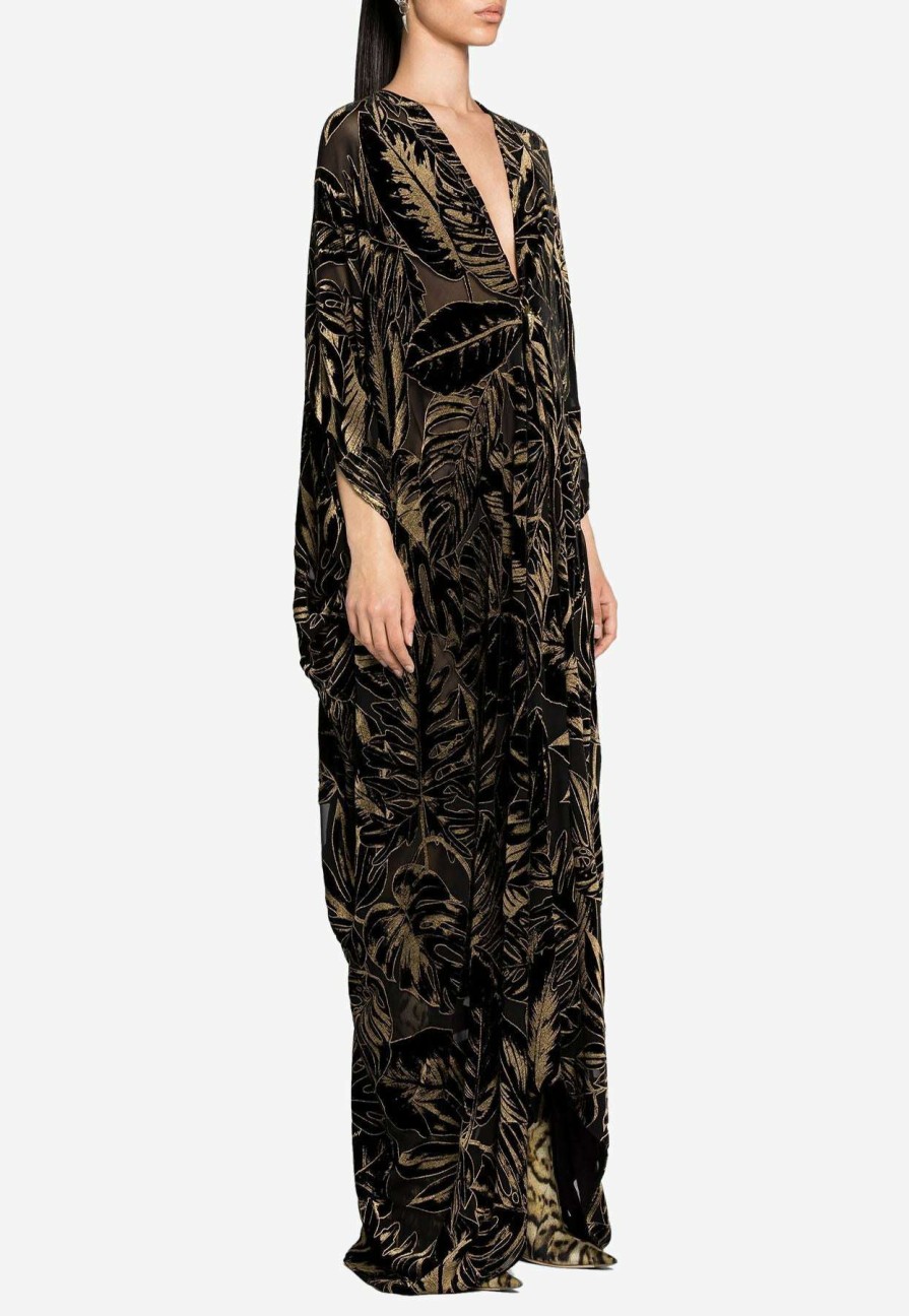 Evening * | Roberto Cavalli Leaf Velvet Jacquard Kaftan Dress Black