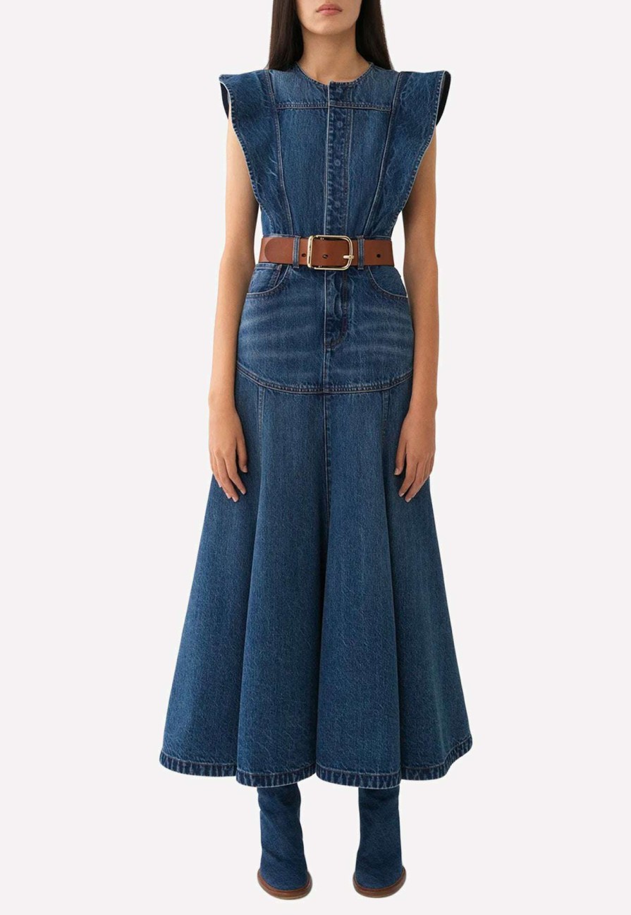 Dresses * | Chloe Flared Maxi Denim Dress Blue