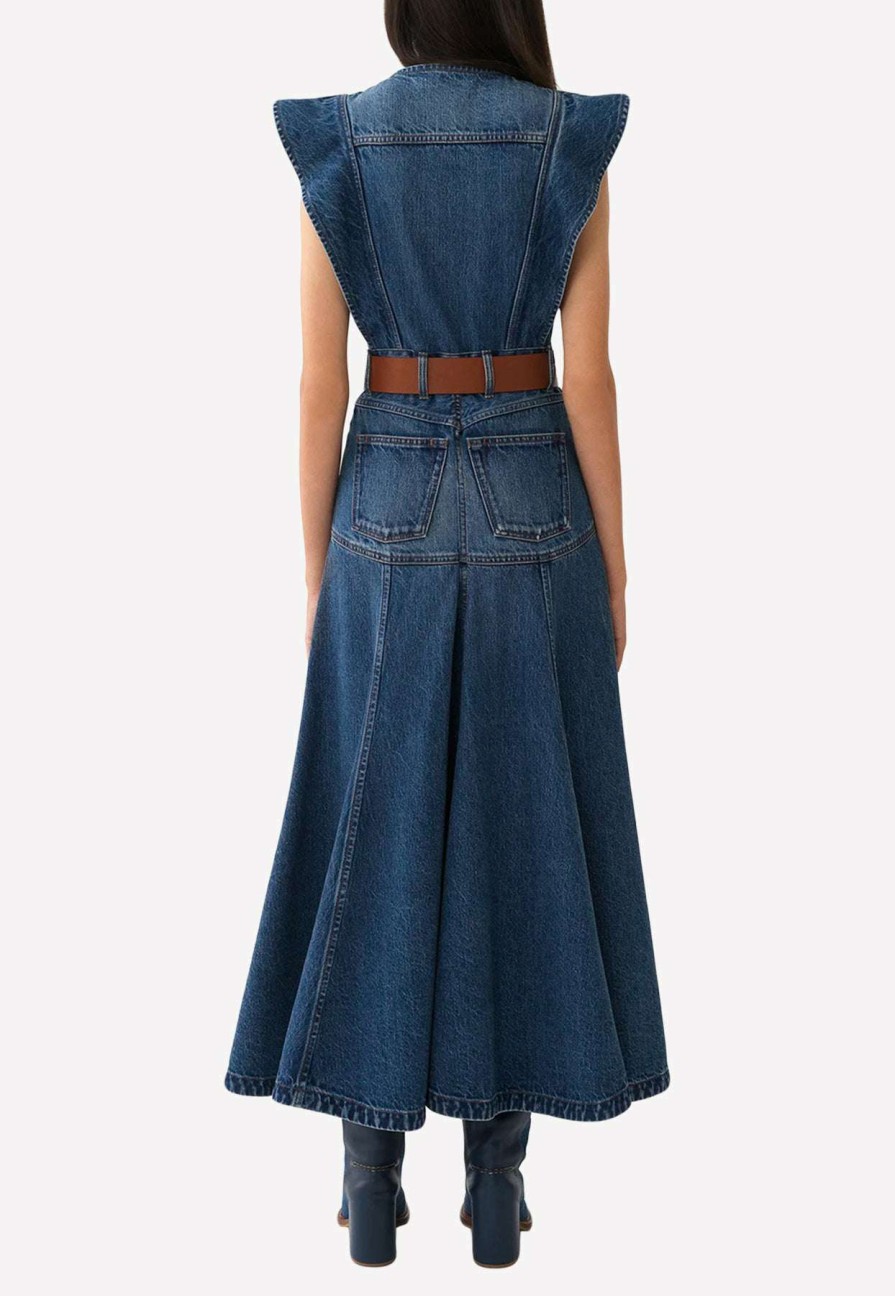 Dresses * | Chloe Flared Maxi Denim Dress Blue