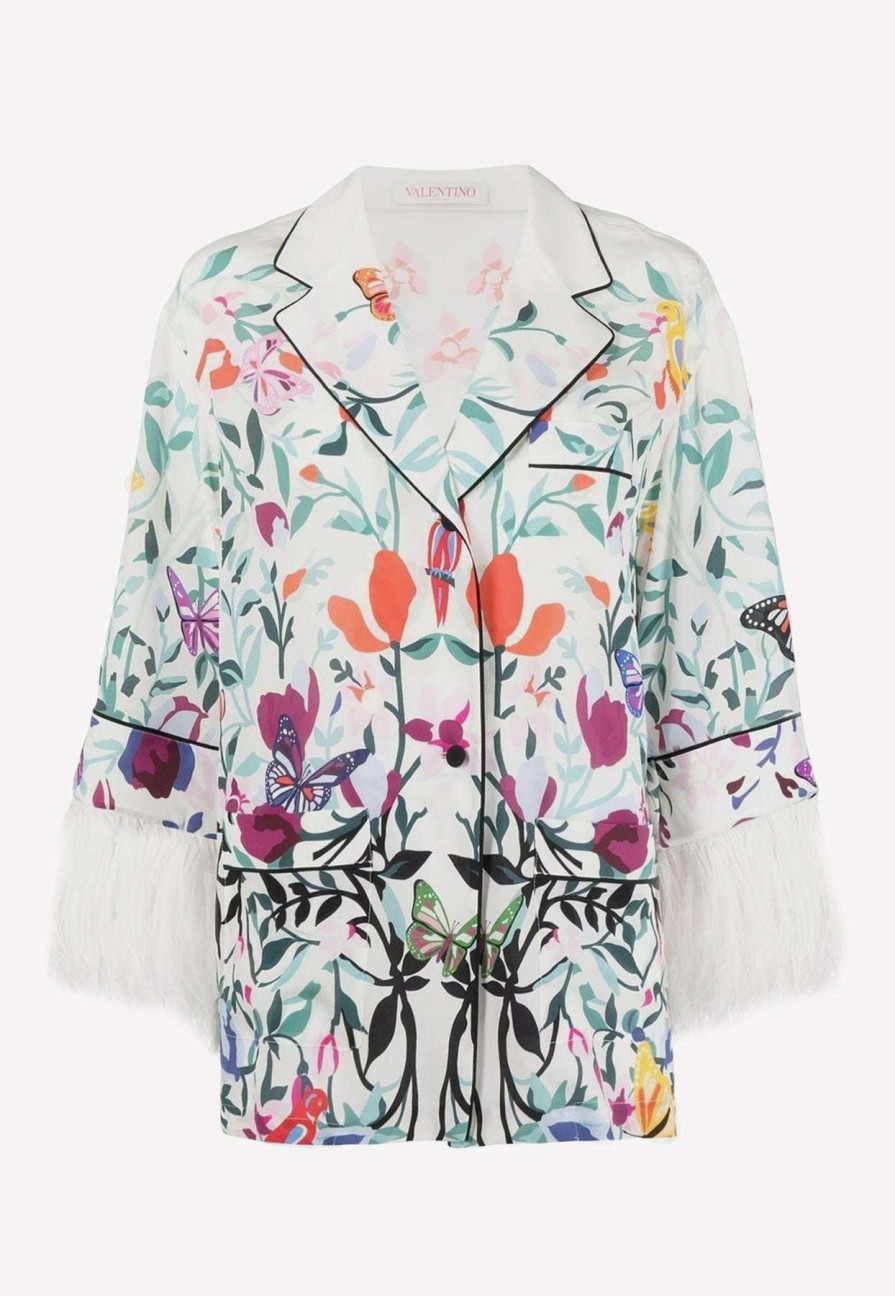 Evening * | Valentino Feather-Trimmed Floral Silk Shirt Multicolor