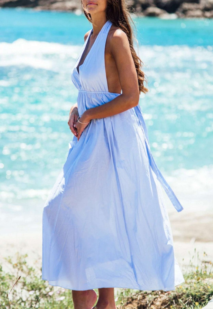 Dresses * | Les Canebiers Neptune Open Back Maxi Summer Dress Blue