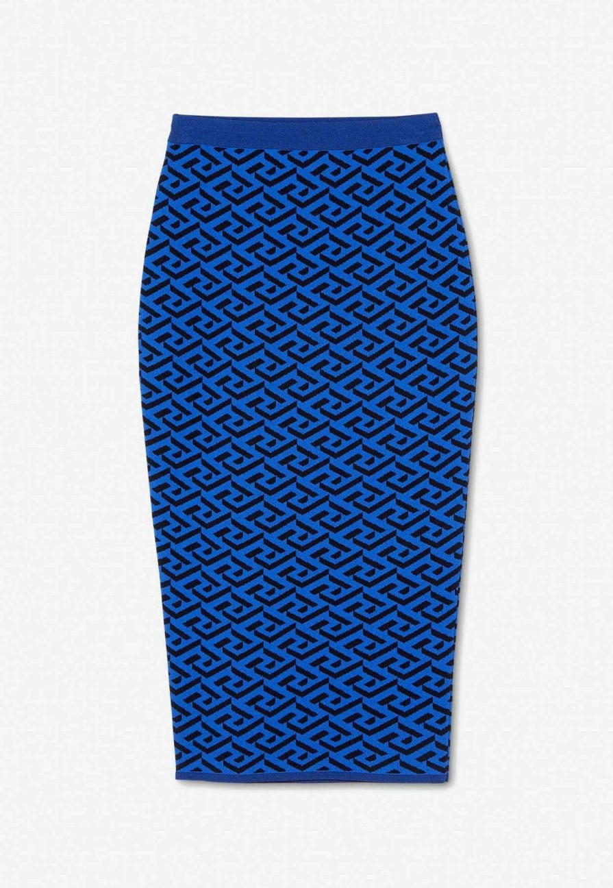 Skirts * | Versace La Greca Jacquard Midi Pencil Skirt Blue