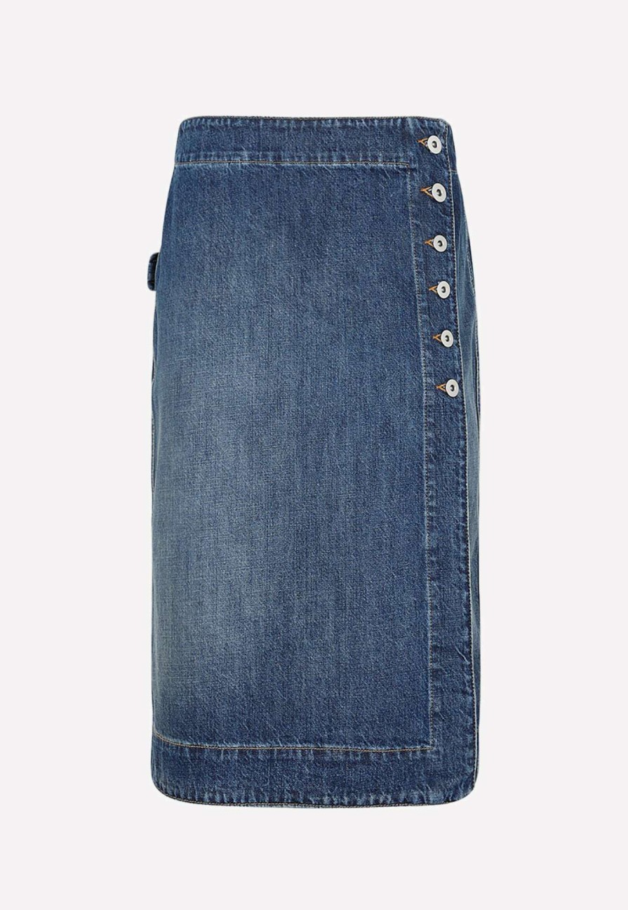 Skirts * | Bottega Veneta Knee-Length Buttoned Denim Skirt Blue