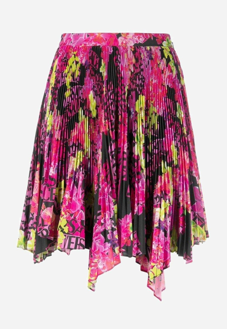 Skirts * | Versace Logo Orchid Print Pleated Skirt Multicolor