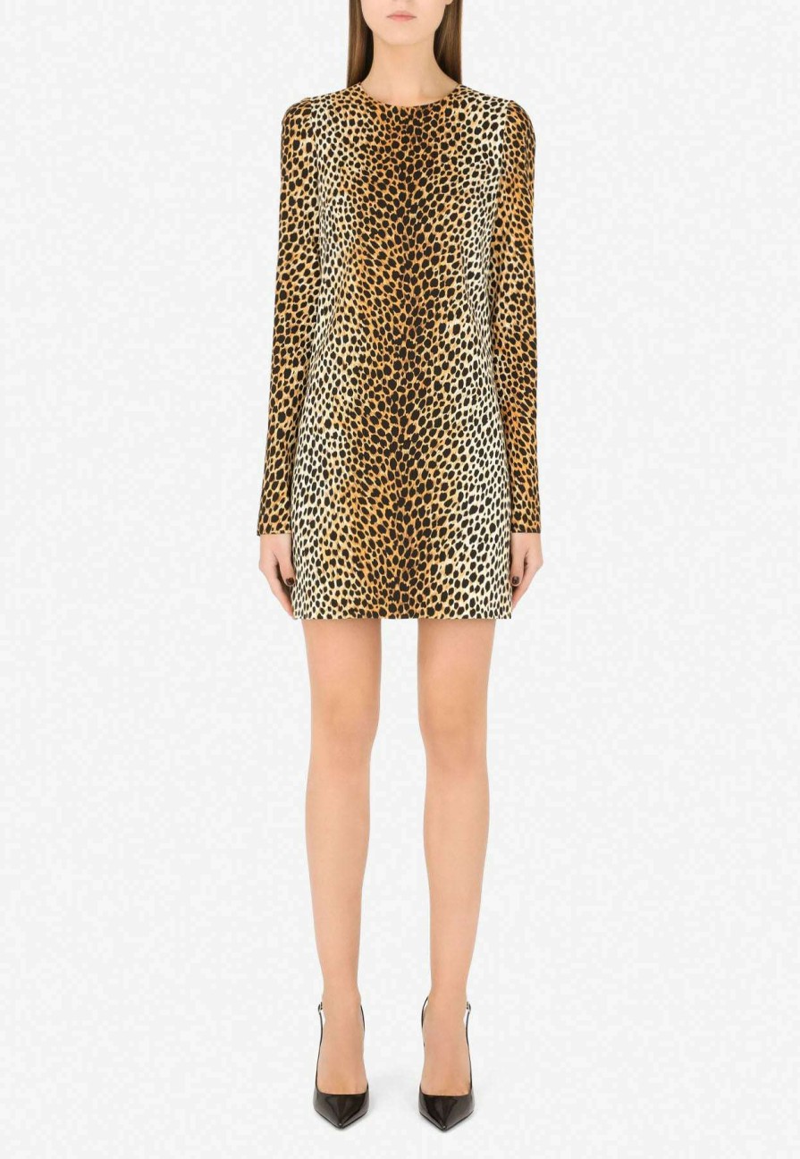 Evening * | Dolce & Gabbana Animal Print Mini Dress In Silk Brown