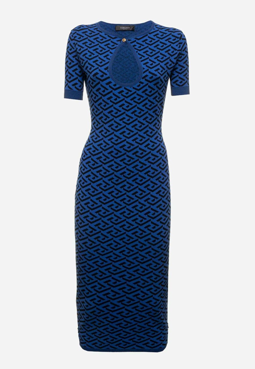 Evening * | Versace Greca Jacquard Knit Midi Dress Blue