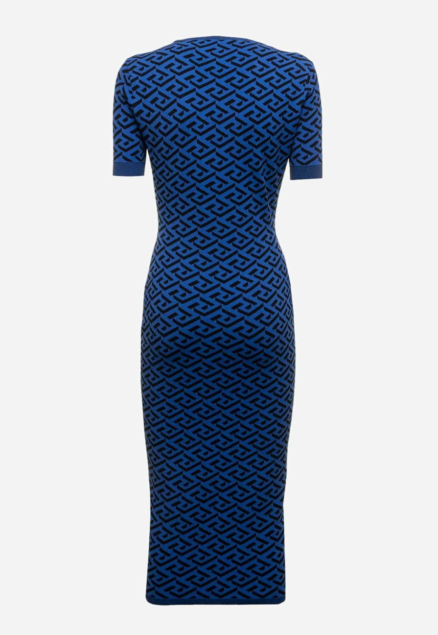 Evening * | Versace Greca Jacquard Knit Midi Dress Blue