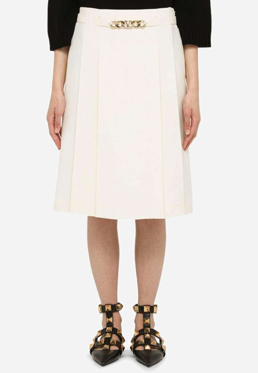 Skirts * | Valentino Pleated Midi Skirt In Wool And Silk Ivory