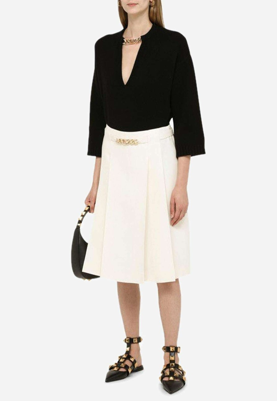 Skirts * | Valentino Pleated Midi Skirt In Wool And Silk Ivory