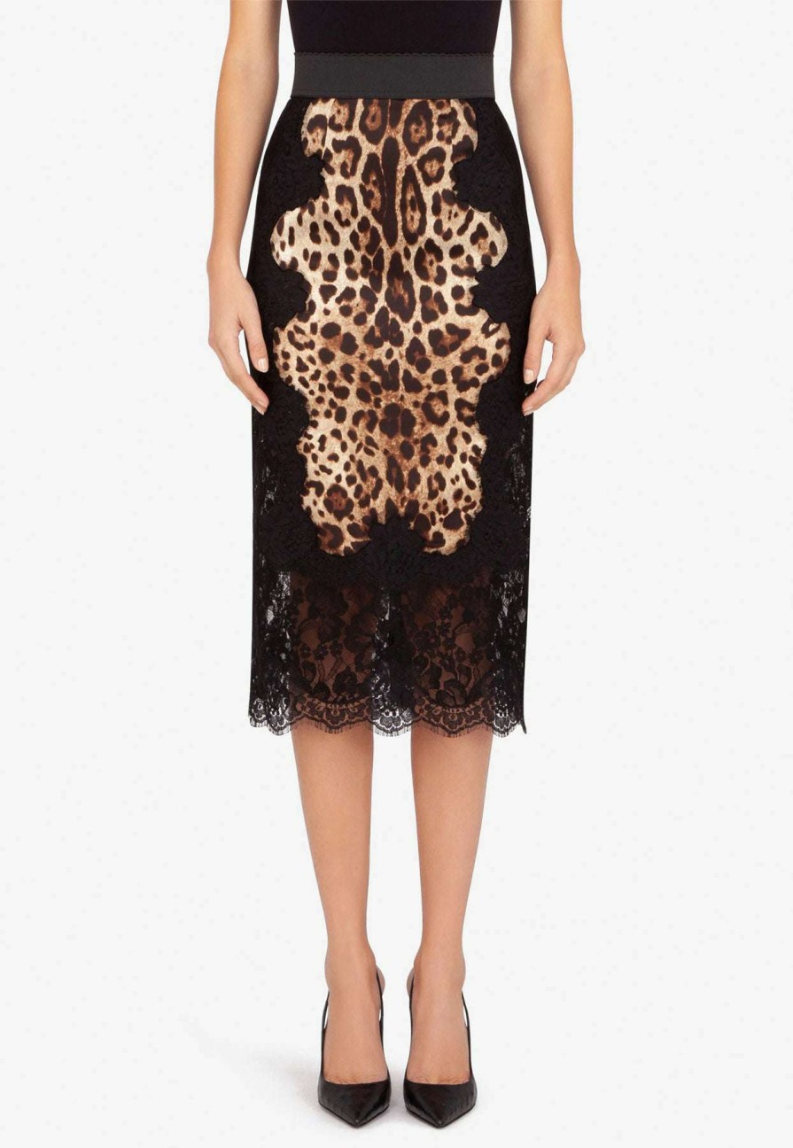 Skirts * | Dolce & Gabbana Leopard Print Laced Satin Midi Skirt Black