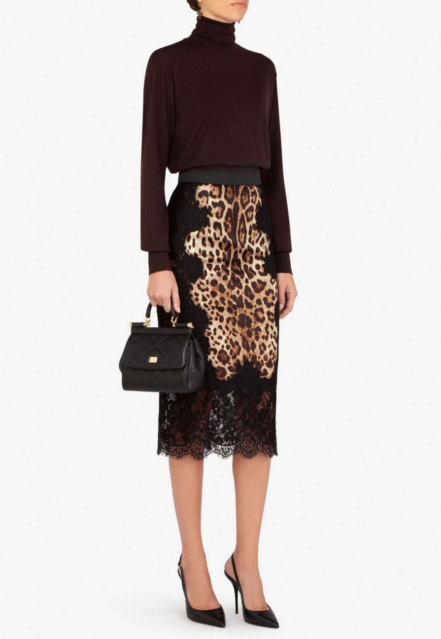 Skirts * | Dolce & Gabbana Leopard Print Laced Satin Midi Skirt Black