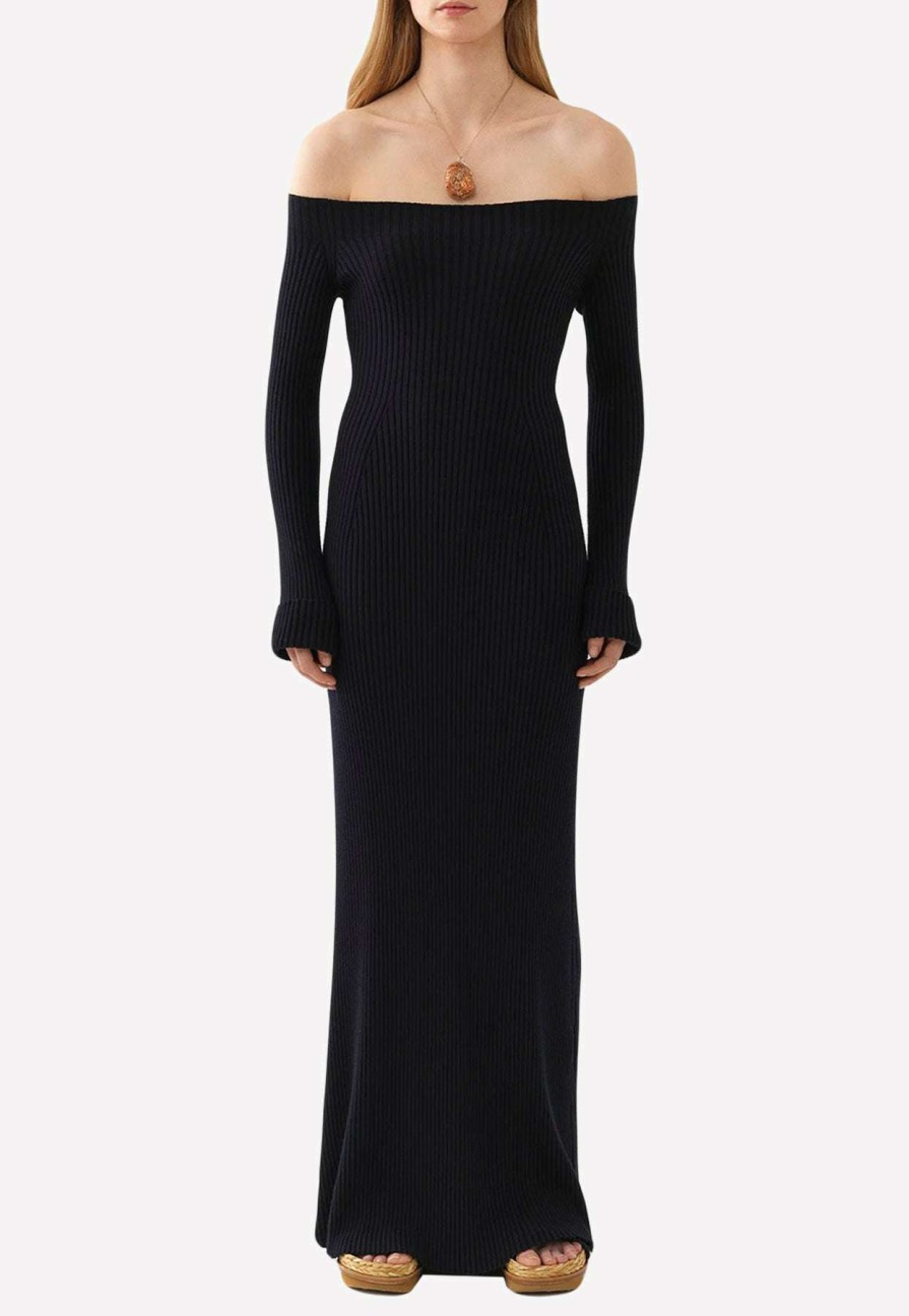 Dresses * | Chloe Off-Shoulder Ribbed Knit Maxi Dress Midnight Blue