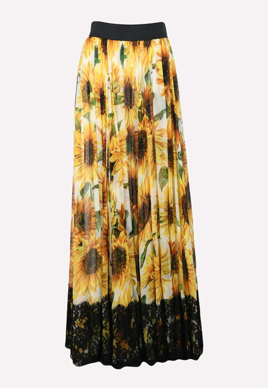 Skirts * | Dolce & Gabbana Lace-Trimmed Sunflower Maxi Skirt Yellow