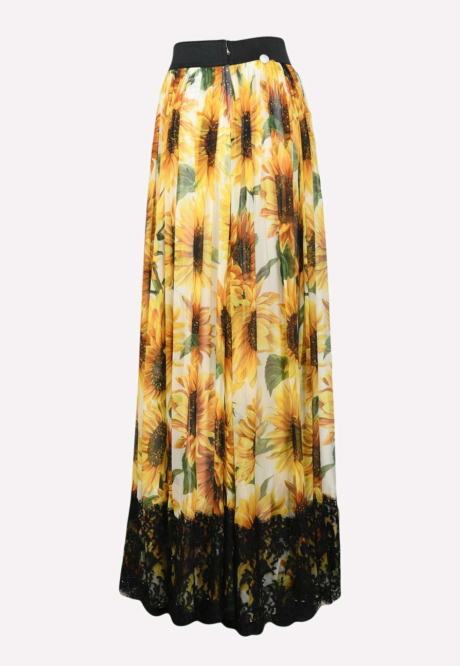 Skirts * | Dolce & Gabbana Lace-Trimmed Sunflower Maxi Skirt Yellow