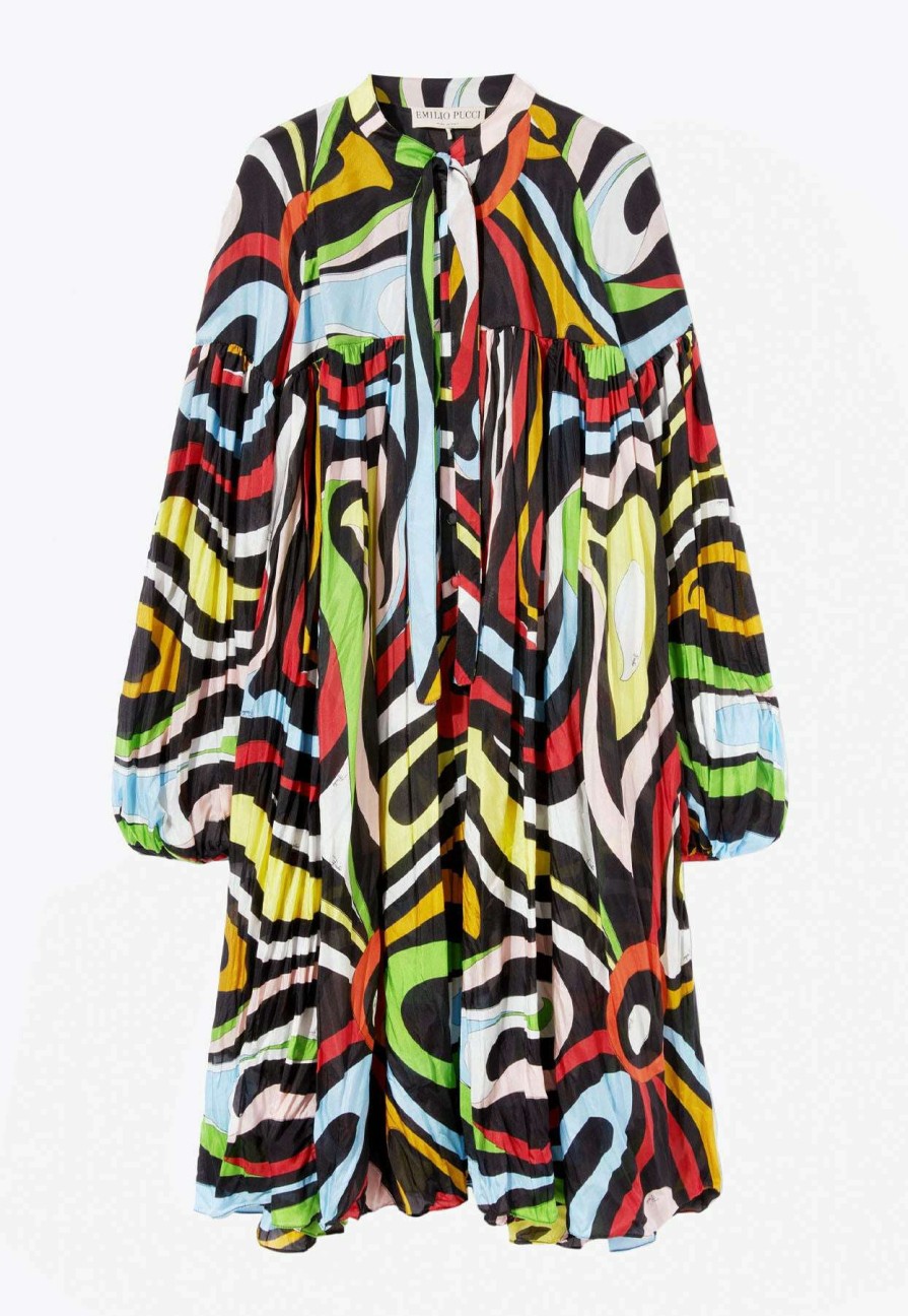 Dresses * | Emilio Pucci Marmo Print Wrinkled Silk Dress Multicolor