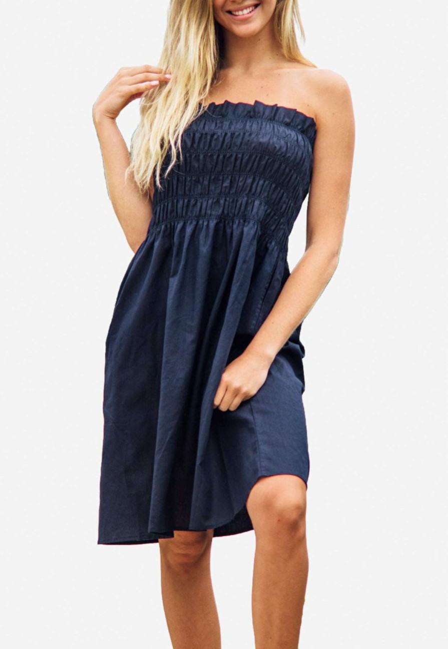 Dresses * | Les Canebiers Mer Smocked Tube Dress In Navy Blue