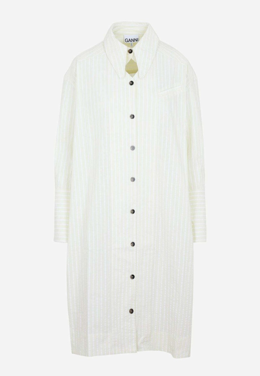 Dresses * | Ganni Striped Seersucker Midi Shirt Dress Yellow