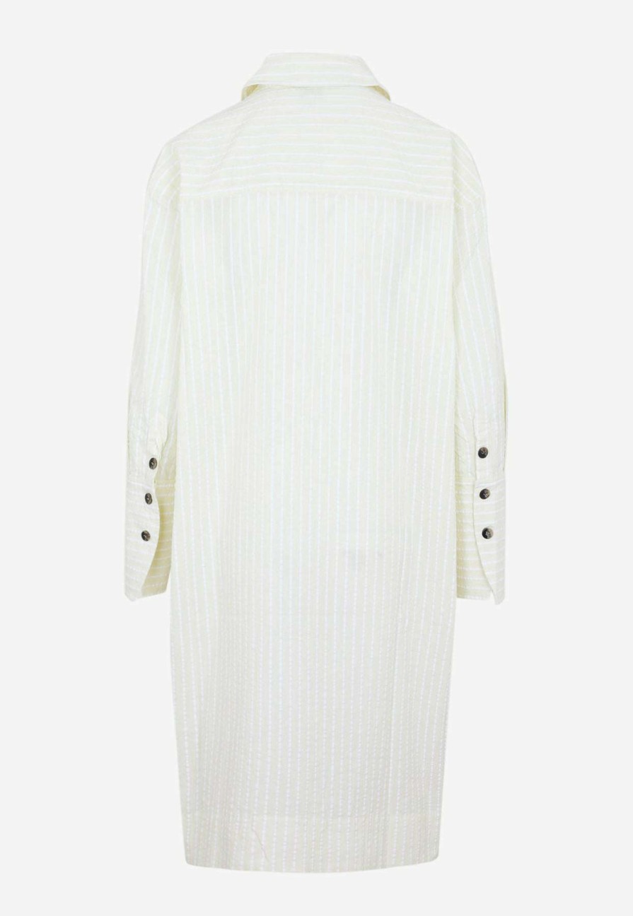 Dresses * | Ganni Striped Seersucker Midi Shirt Dress Yellow