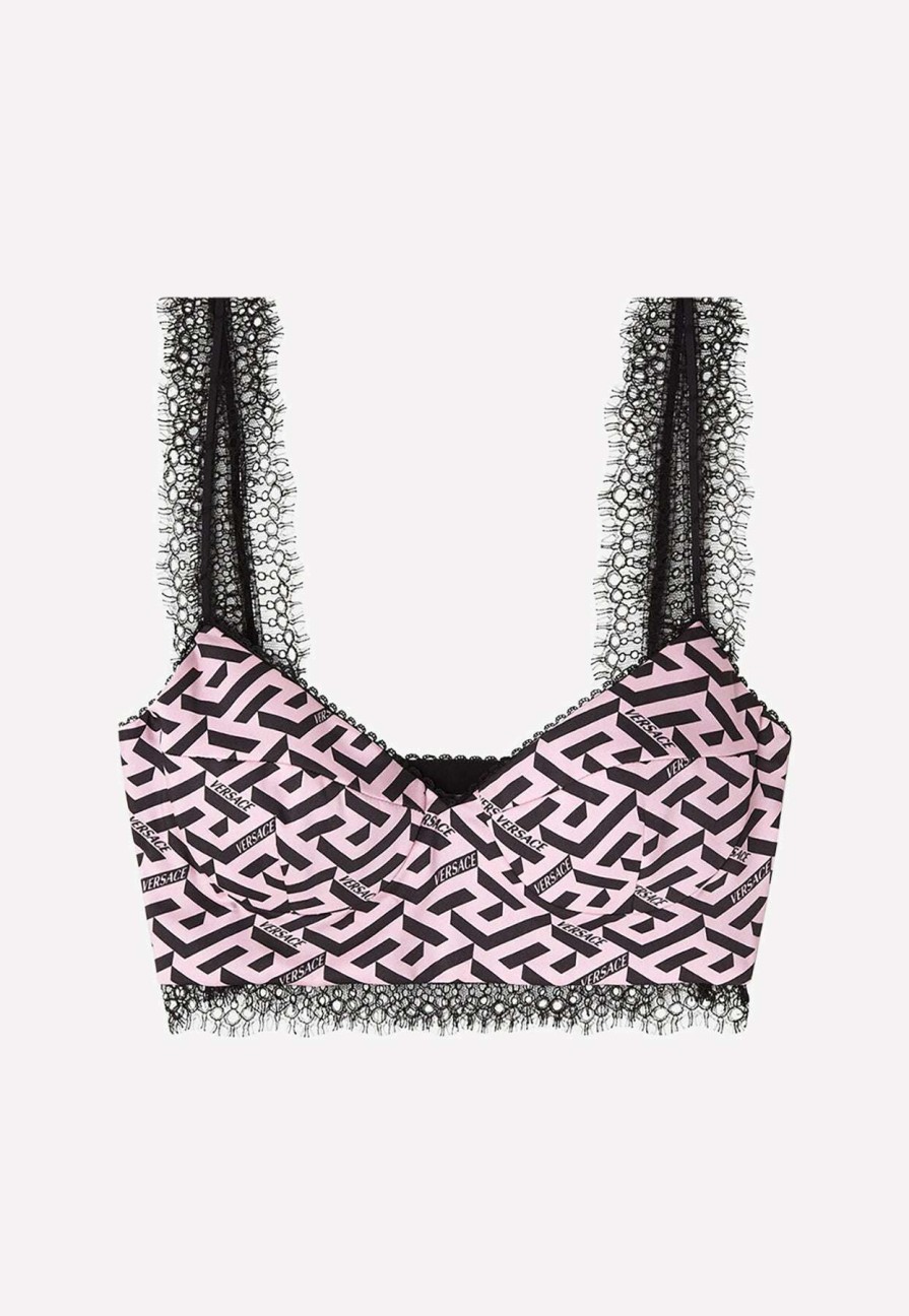 Evening * | Versace Greca Print Silk Cropped Top Pink