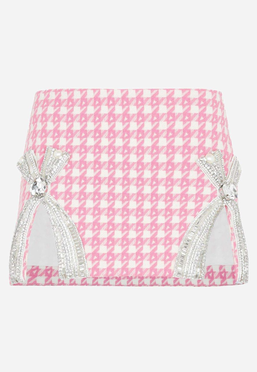 Skirts * | Area Crystal Bow Houndstooth Mini Skirt Pink