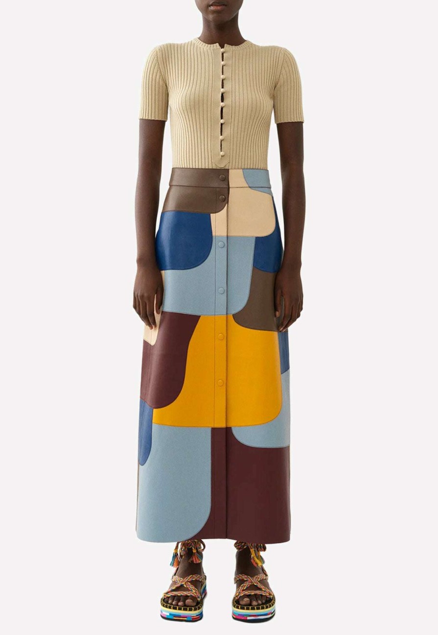 Skirts * | Chloe High-Waist Leather Patchwork Midi Skirt Multicolor