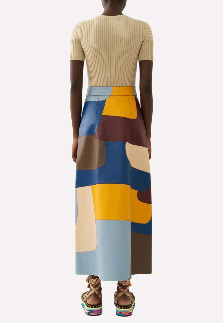 Skirts * | Chloe High-Waist Leather Patchwork Midi Skirt Multicolor