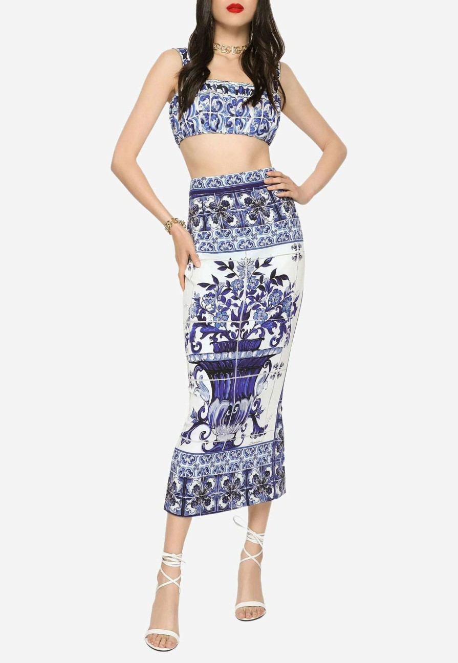 Skirts * | Dolce & Gabbana Majolica Print Silk Midi Skirt Blue